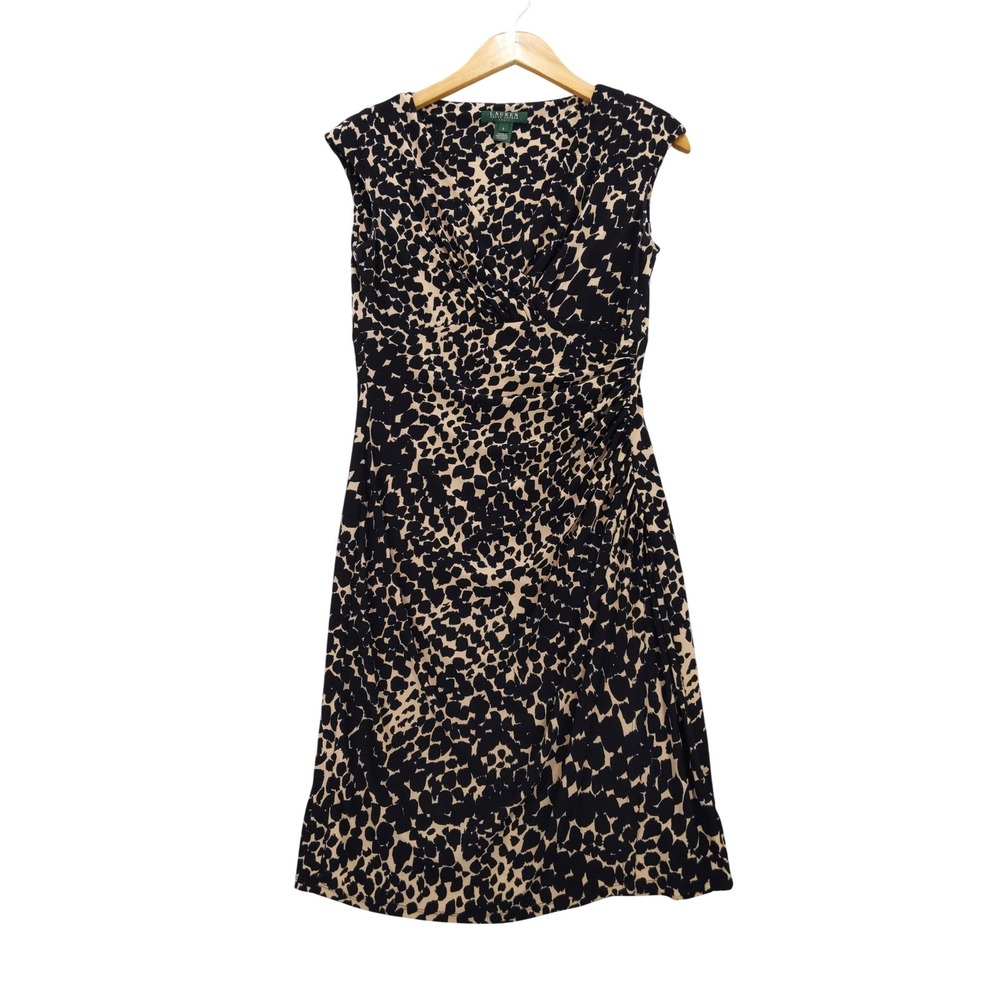 Lauren‎ Ralph Lauren Sheath Dress Women 6 Black Tan Ruched Surplice Animal Print